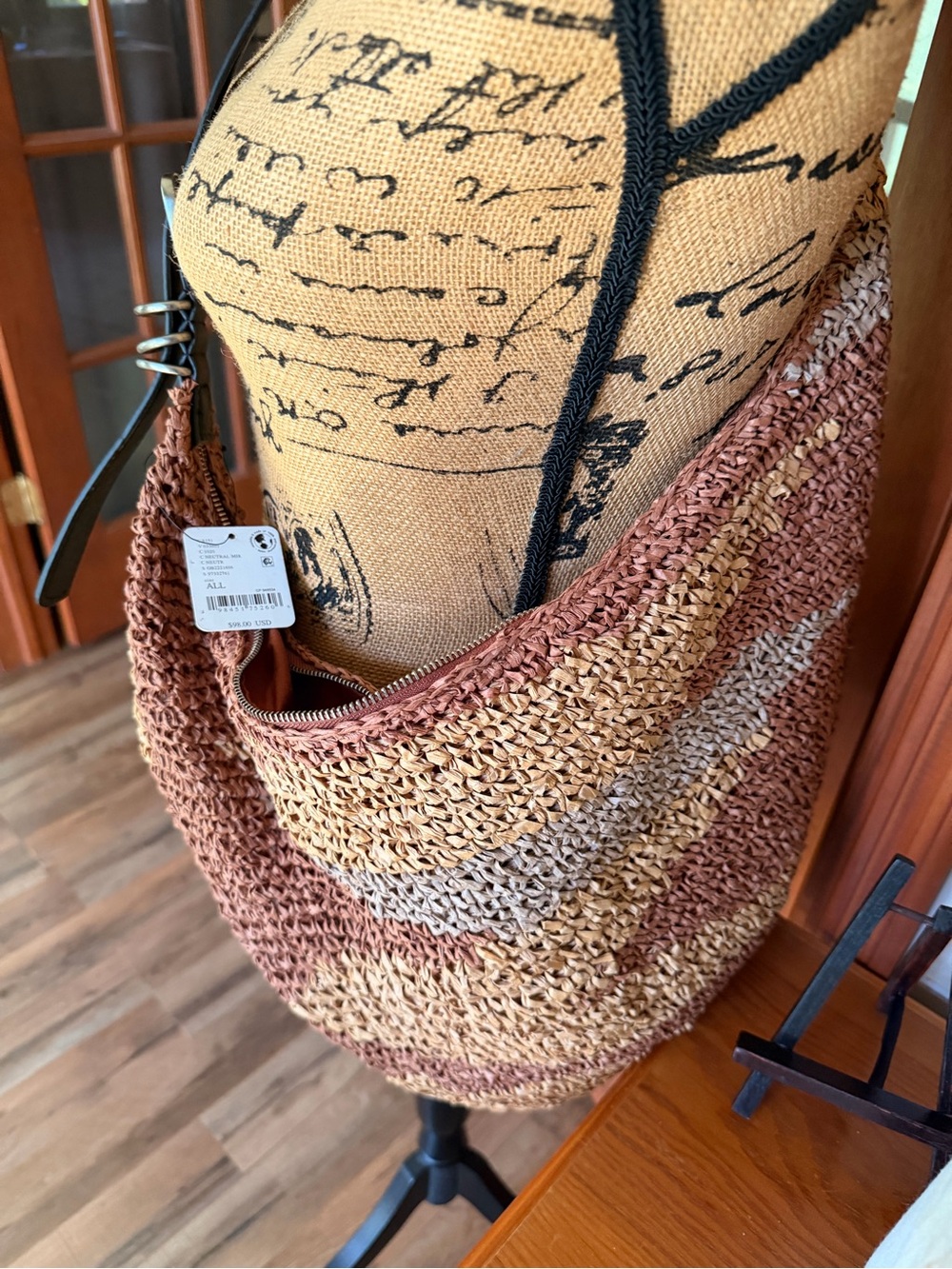 Free People Striped Handwoven Straw Crossbody in Brown, Tan & Cream